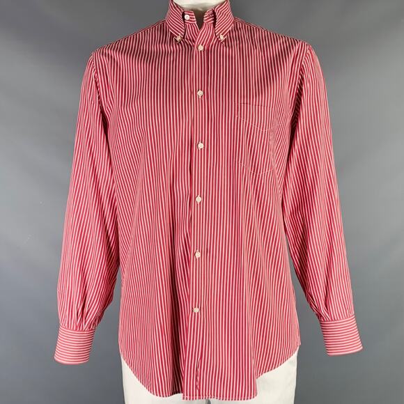 BRUNELLO CUCINELLI Size XXL Burgundy White Stripe Cotton Long Sleeve Shirt - Picture 1 of 5